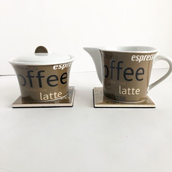 Coffee Sugar Bowl & matching creamer with coasters - Picture 1 of 7